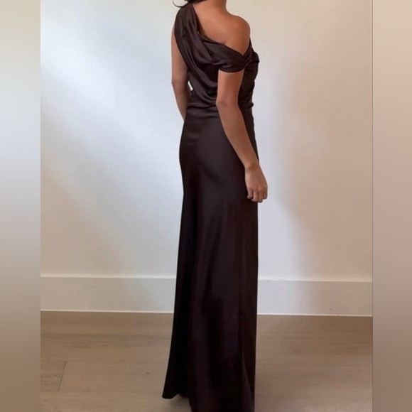 One Shoulder Front Slit Maxi Dress Espresso Brown - Picture 5 of 13